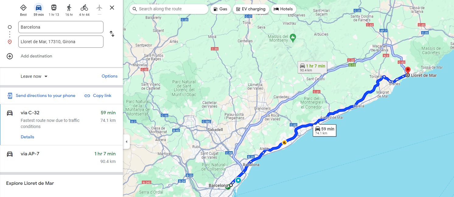 transfer distance from Barcelona to Lloret
